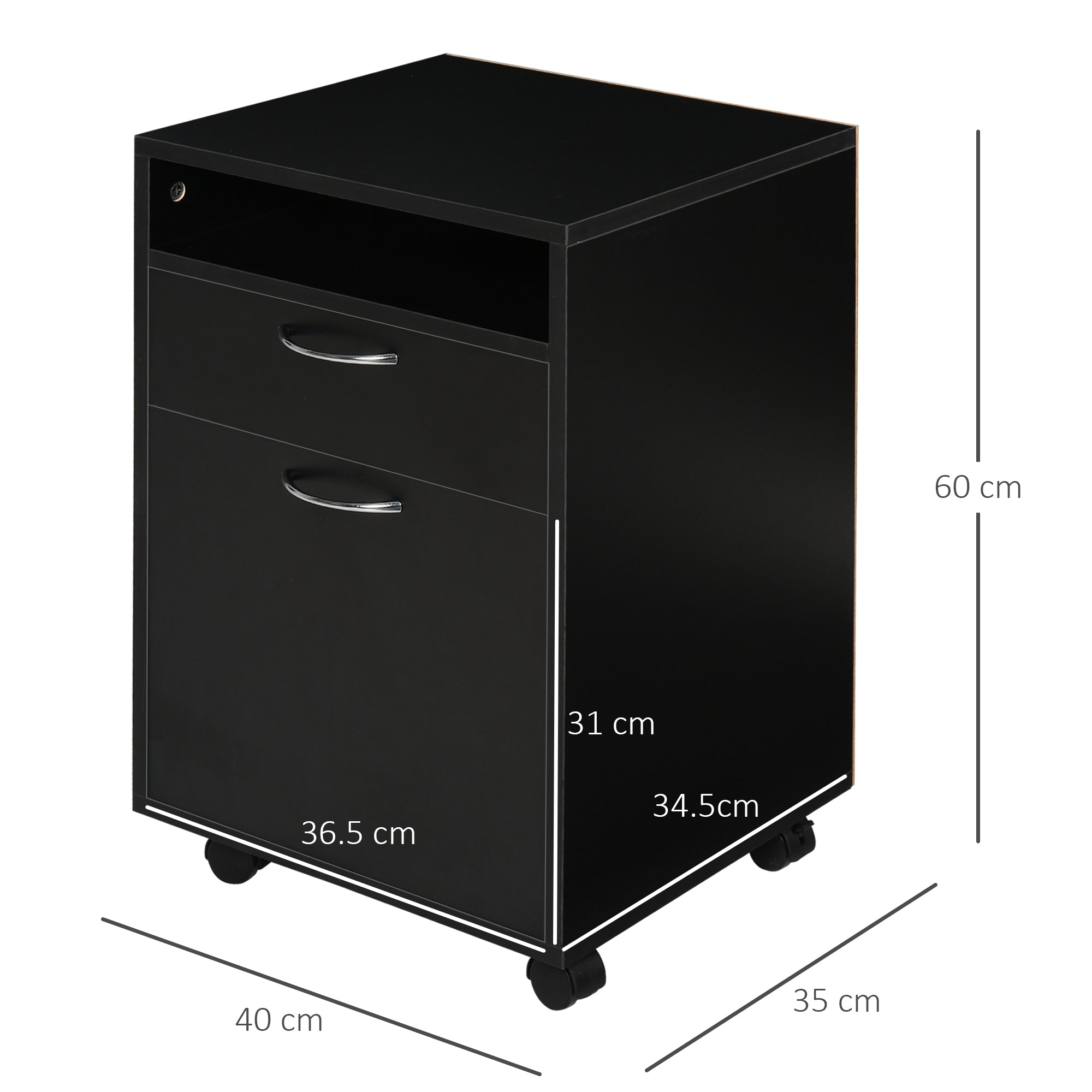 HOMCOM 60cm Filing Cabinet with Drawer, Open Shelf, Metal Handles and 4 Wheels, Office Home Organiser Mobile Printer, Black 