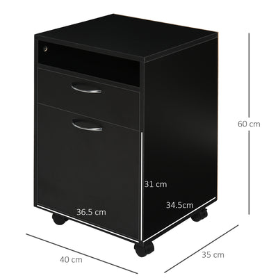 HOMCOM 60cm Filing Cabinet with Drawer, Open Shelf, Metal Handles and 4 Wheels, Office Home Organiser Mobile Printer, Black 