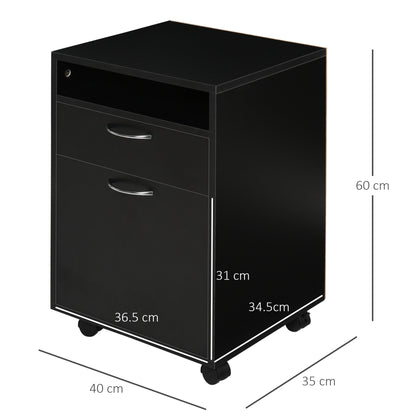 HOMCOM 60cm Filing Cabinet with Drawer, Open Shelf, Metal Handles and 4 Wheels, Office Home Organiser Mobile Printer, Black 