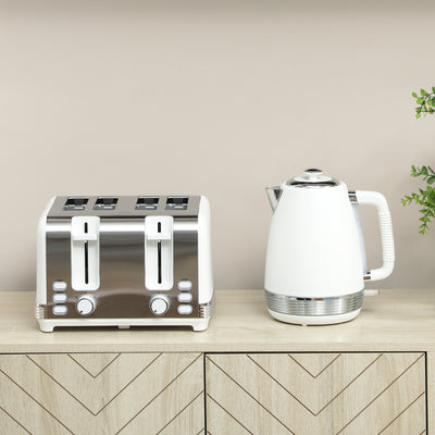 HOMCOM Stainless Steel Kettle and Toaster Set, 1.7L 3000W Rapid Boil Jug Kettle with UK Strix Thermostat, Limescale Filter, 4 Slice Toaster with 7 Browning Controls, Crumb Tray, White and Silver Tone 
