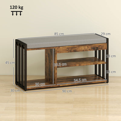 HOMCOM Shoe Storage with Seat, Upholstered Entryway Bench, Shoe Bench with 3 Open Shelves for Hallway, Rustic Brown 