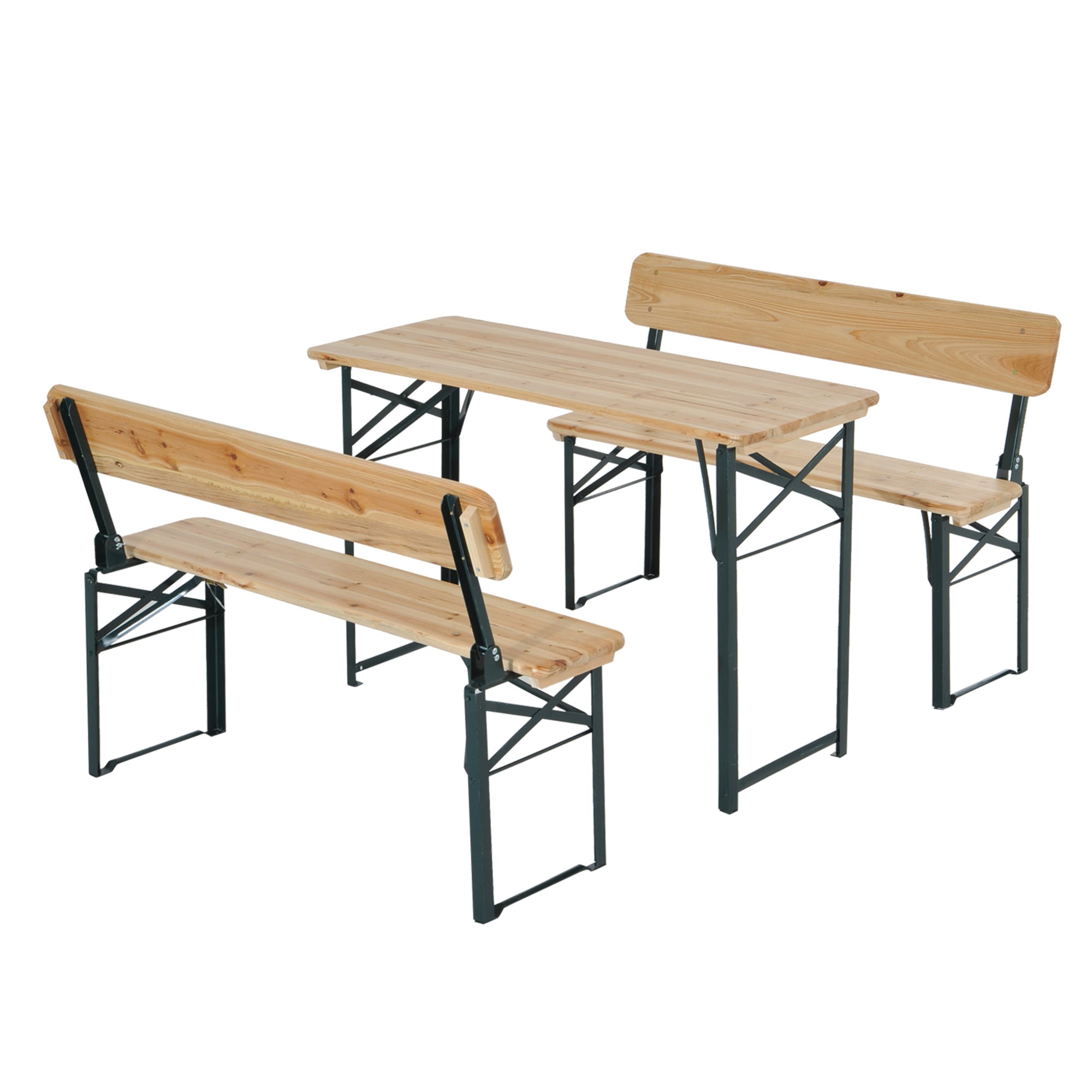 Outsunny Portable Folding Camping Picnic Trestle Beer Table and 2 Bench Set Wooden Garden Furniture Patio Dining Party BBQ Chairs Stools 