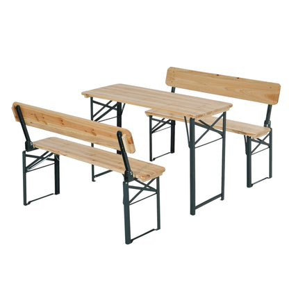 Outsunny Portable Folding Camping Picnic Trestle Beer Table and 2 Bench Set Wooden Garden Furniture Patio Dining Party BBQ Chairs Stools 