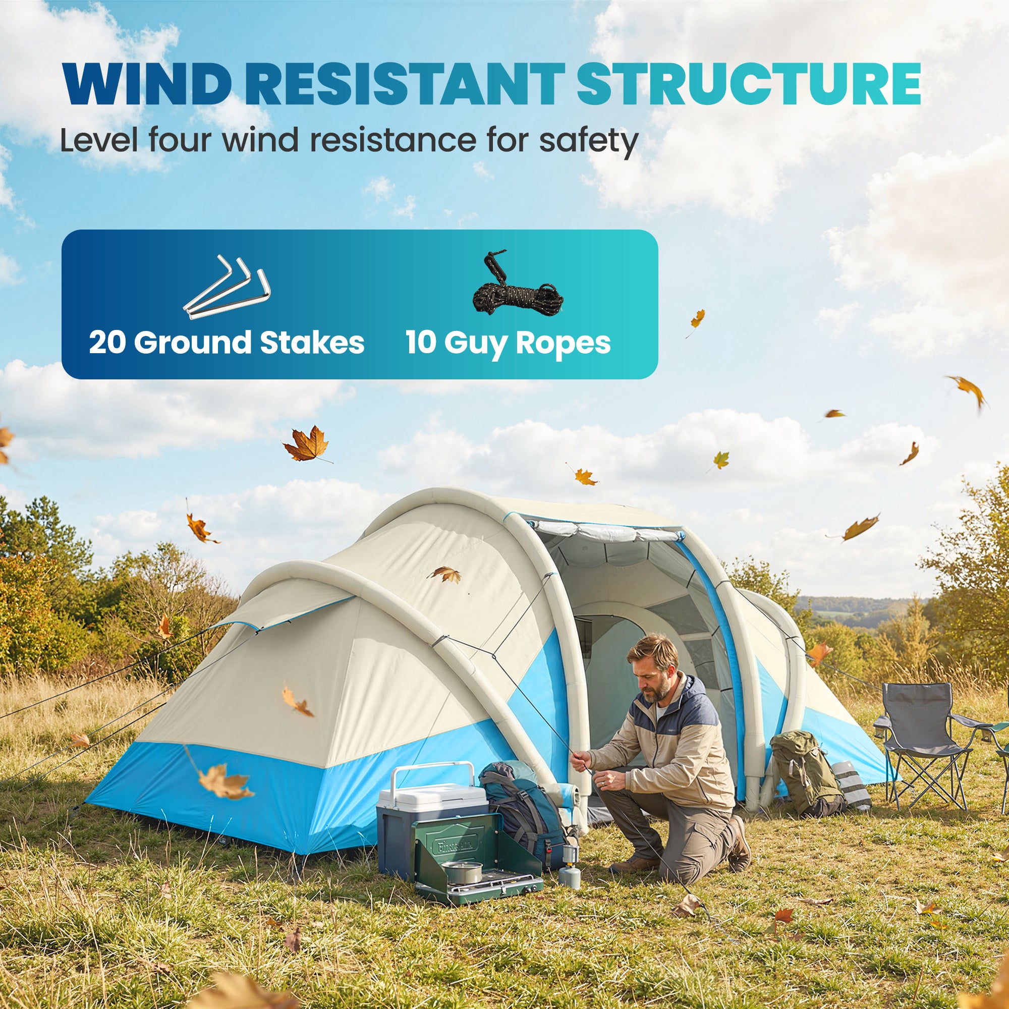 Outsunny Inflatable Tent 2 Bedroom 3000mm Waterproof Windproof Air Tent with Carry Bag for 4 Person 