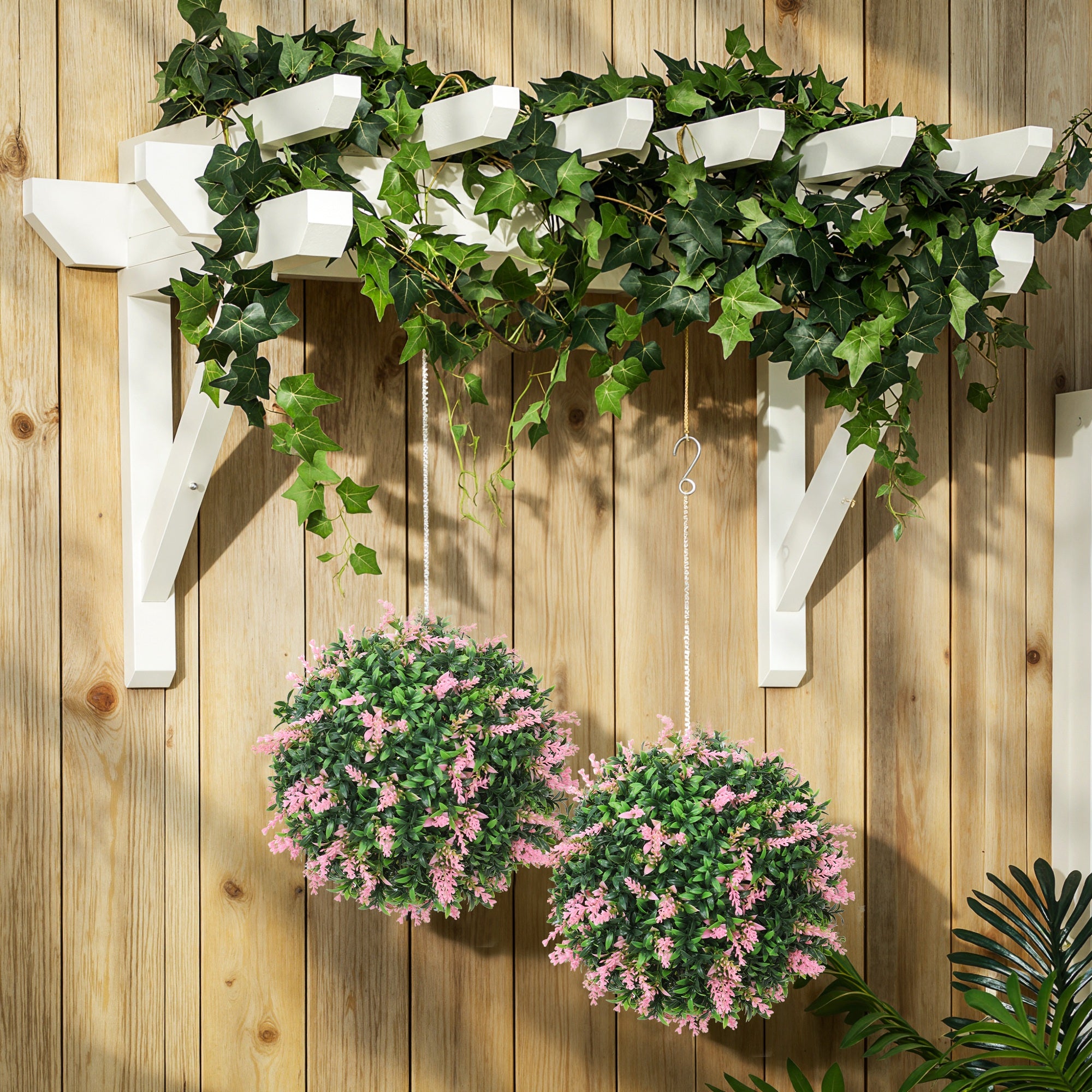 HOMCOM Set of 2 Artificial Plant Topiary Balls, UV-protected Fake Decorative Plants, Pink 