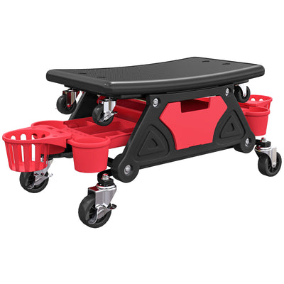 HOMCOM Rolling Mechanic Stool, 135kg Capacity Workshop Stool with 360° Swivel Wheels, Roller Creeper Seat with Slide Out Tool Trays, Drawer, Bottle Holders for Garage, Shop, Auto Repair, Red 