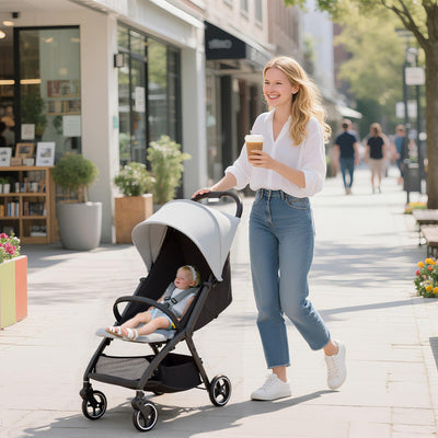 AIYAPLAY Travel Stroller, Lightweight Pushchair, Compact Buggy with Canopy, Basket and Multi-Position Recline, Light Grey 