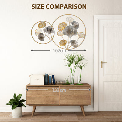 HOMCOM 3D Metal Wall Art Modern Ginkgo Leaves Hanging Wall Sculptures Home Decor for Living Room Bedroom Dining Room, Gold 