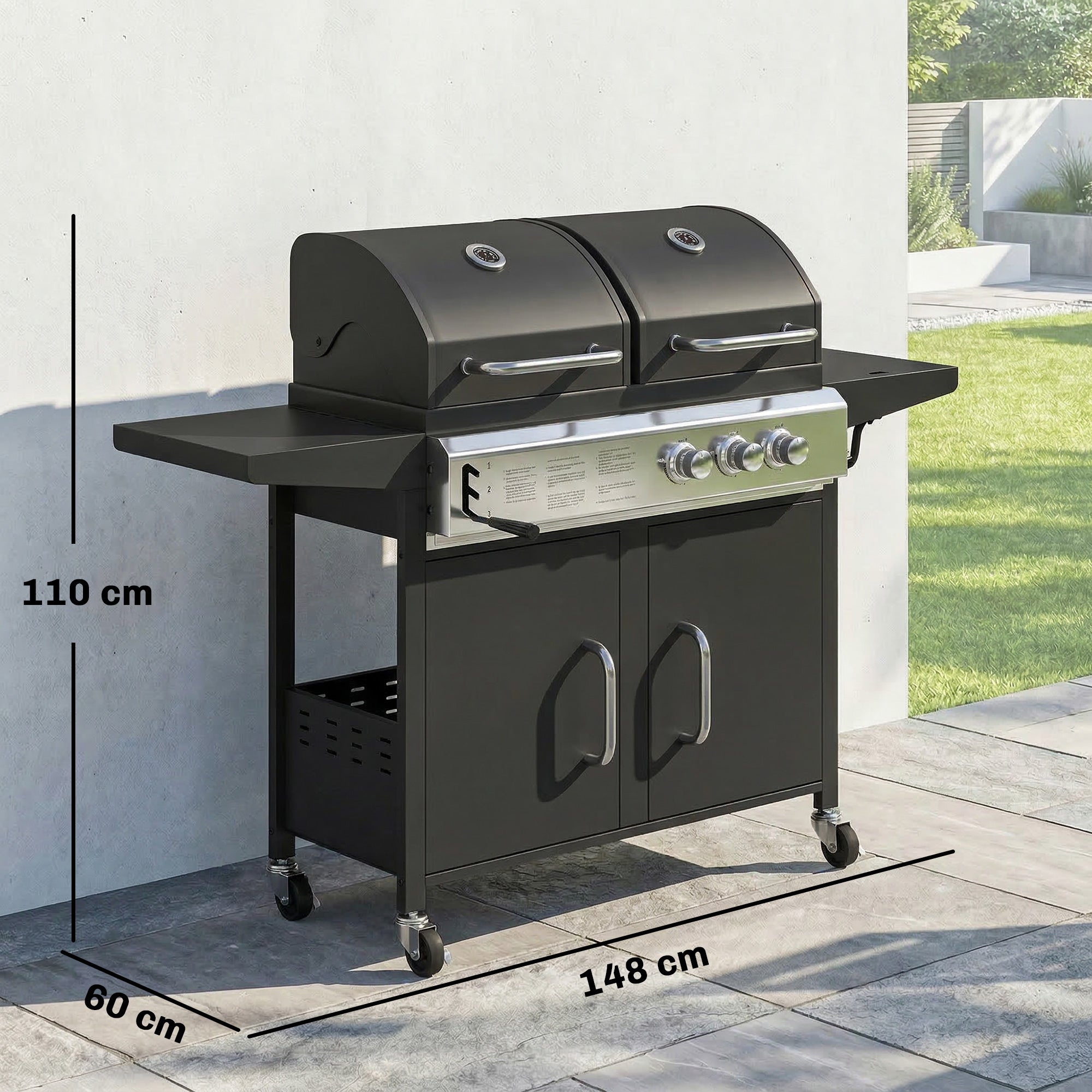 Outsunny 2+1 Burner Hybrid Dual Fuel BBQ Gas Grill, 2-in-1 Propane & Charcoal Barbecue Grill Smoker Combo with Wheels, Black 