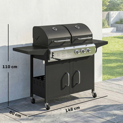 Outsunny 2+1 Burner Hybrid Dual Fuel BBQ Gas Grill, 2-in-1 Propane & Charcoal Barbecue Grill Smoker Combo with Wheels, Black 