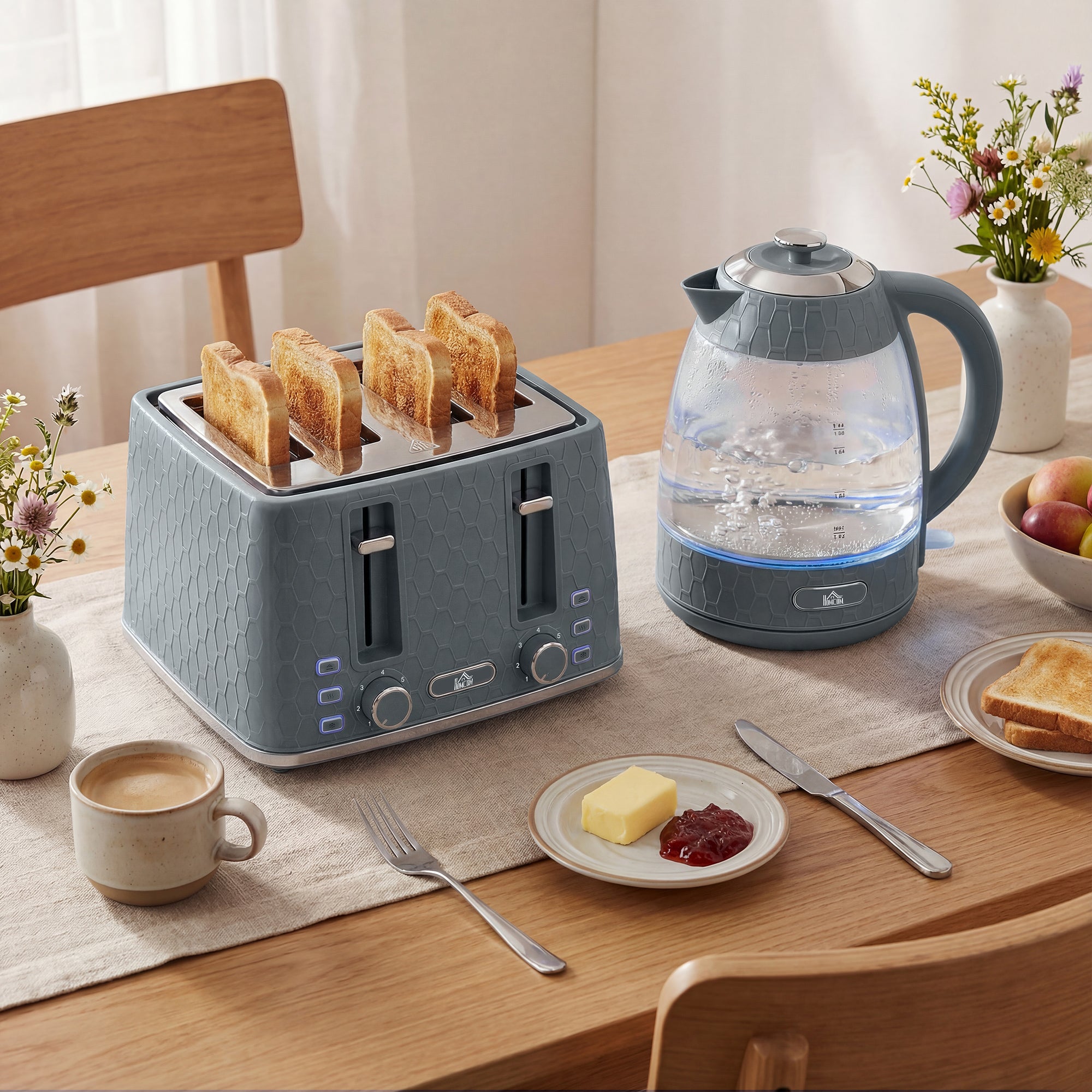 HOMCOM Kettle and Toaster Set, 1.7L 3000W Rapid Kettle with Strix Thermostat, 4 Slice Toaster with 7 Browning Controls, Grey 