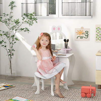 ZONEKIZ Bunny-Design Kids Dressing Table, with Mirror and Stool - White and Pink 