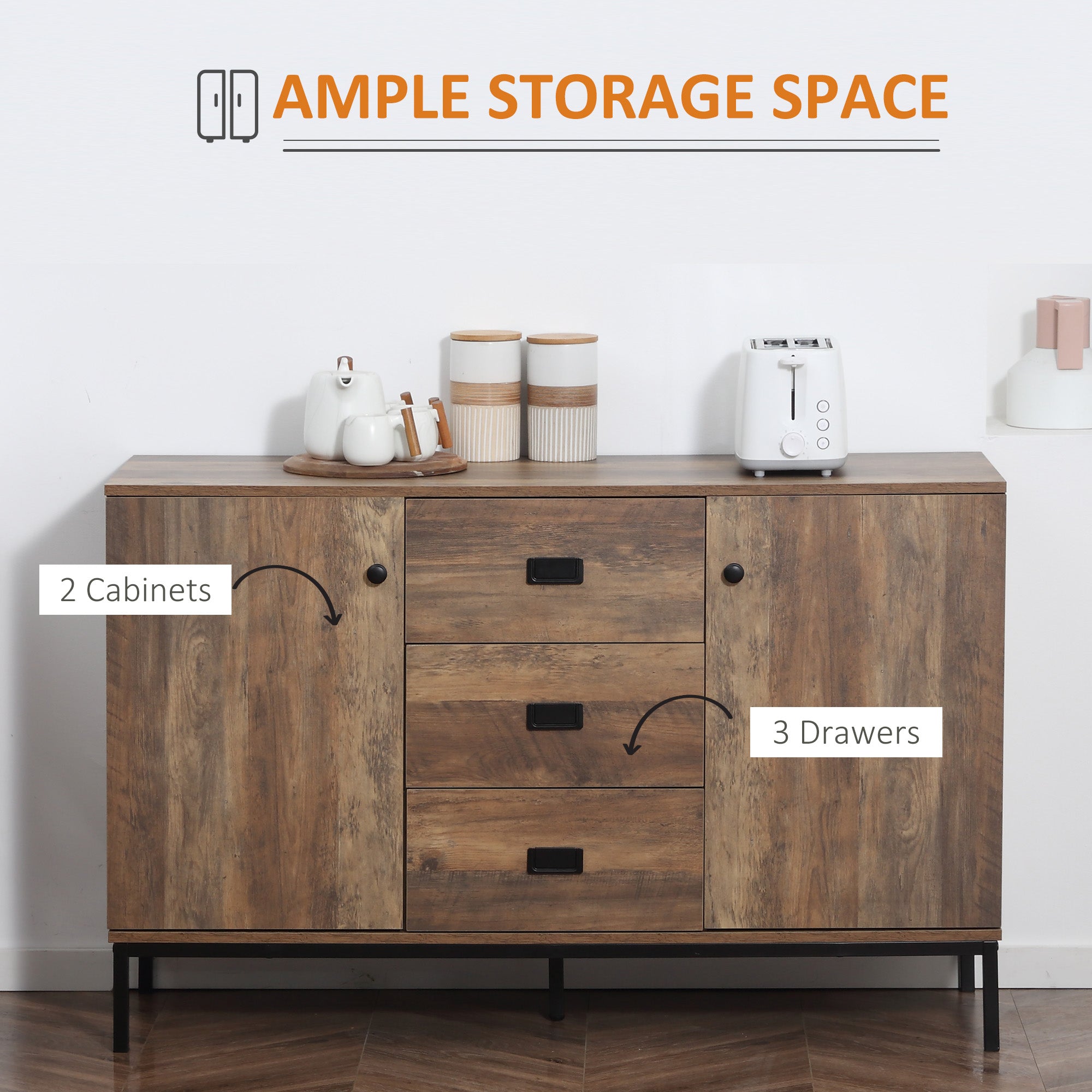 HOMCOM Industrial Sideboard, Storage Cabinet, Accent Cupboard with Drawers, Adjustable Shelves for Kitchen, Dining Room, Living Room, Distressed Brown 