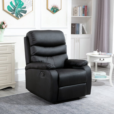 HOMCOM PU Leather Reclining Chair, Manual Recliner Chair with Padded Armrests, Retractable Footrest and Wood Frame, Black 