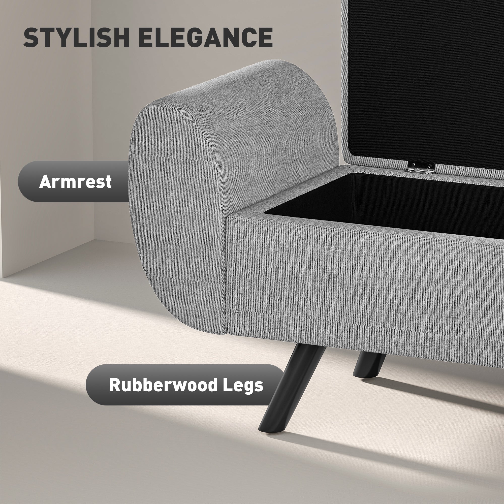 HOMCOM Storage Ottoman with Armrest, Upholstered Linen Storage Bench, Window Seat with Rubberwood Legs, Footstool for Bedroom Living Room, Hallway, Dark Grey 