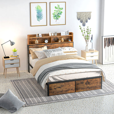 HOMCOM Industrial Double Bed Frame, 4.8FT Steel Bed Base with Storage Headboard, Footboard, Slatted Support and Under Bed Storage, 145 x 209cm, Rustic Brown 