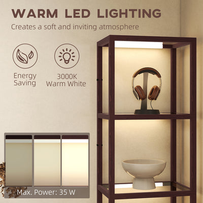 HOMCOM LED Floor Lamp with Glass Shelves, 4 Layers Dimmable Tall Standing Lamp, Modern Column Shelf Floor Light for Living Room, Bedroom, Office, Dark Brown 