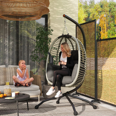 Outsunny Outdoor Swing Chair with Thick Padded Cushion, Patio Hanging Chair with Metal Stand, Foldable Basket, Cup Holder, Rope Structure, for Indoor & Outdoor, Dark Grey 