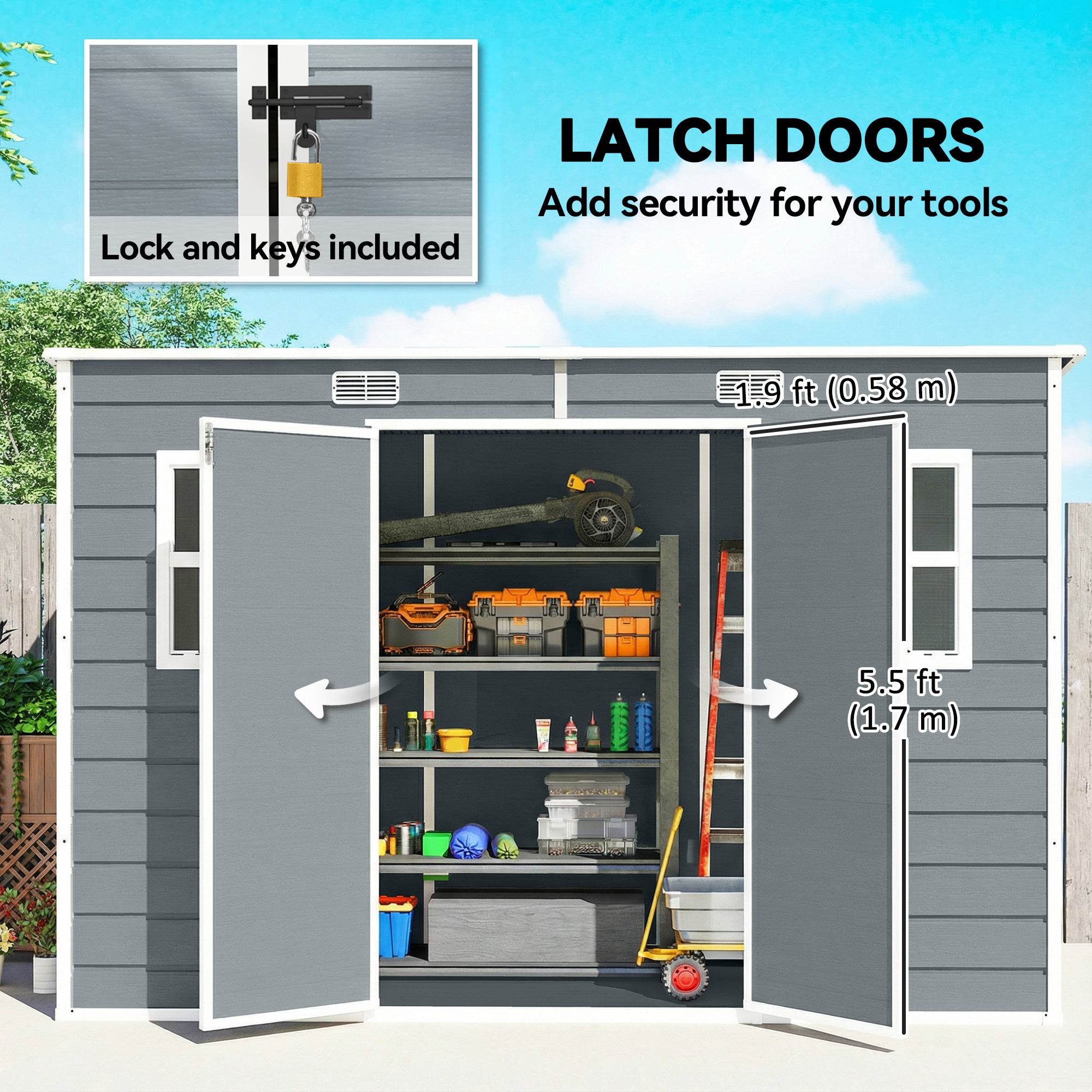 Outsunny 10 x 4 ft Resin Garden Shed, Outdoor Storage Shed with Floor, Windows, Lockable Doors and Vents, Grey 