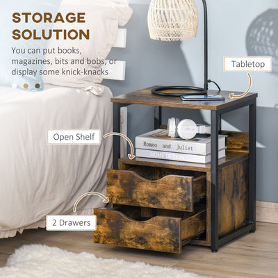 HOMCOM Industrial Side Table Set of 2, Sofa Table with Drawer, Bedside Cabinet with Storage Shelf, Slim Nightstand for Living Room, Bedroom, Rustic Brown 