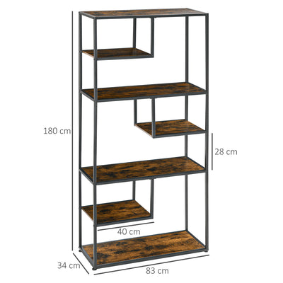 HOMCOM Industrial Bookcase Shelf, 6 Tier Metal Shelving, Storage Shelves for Living Room, Home Office, Bedroom, Rustic Brown 