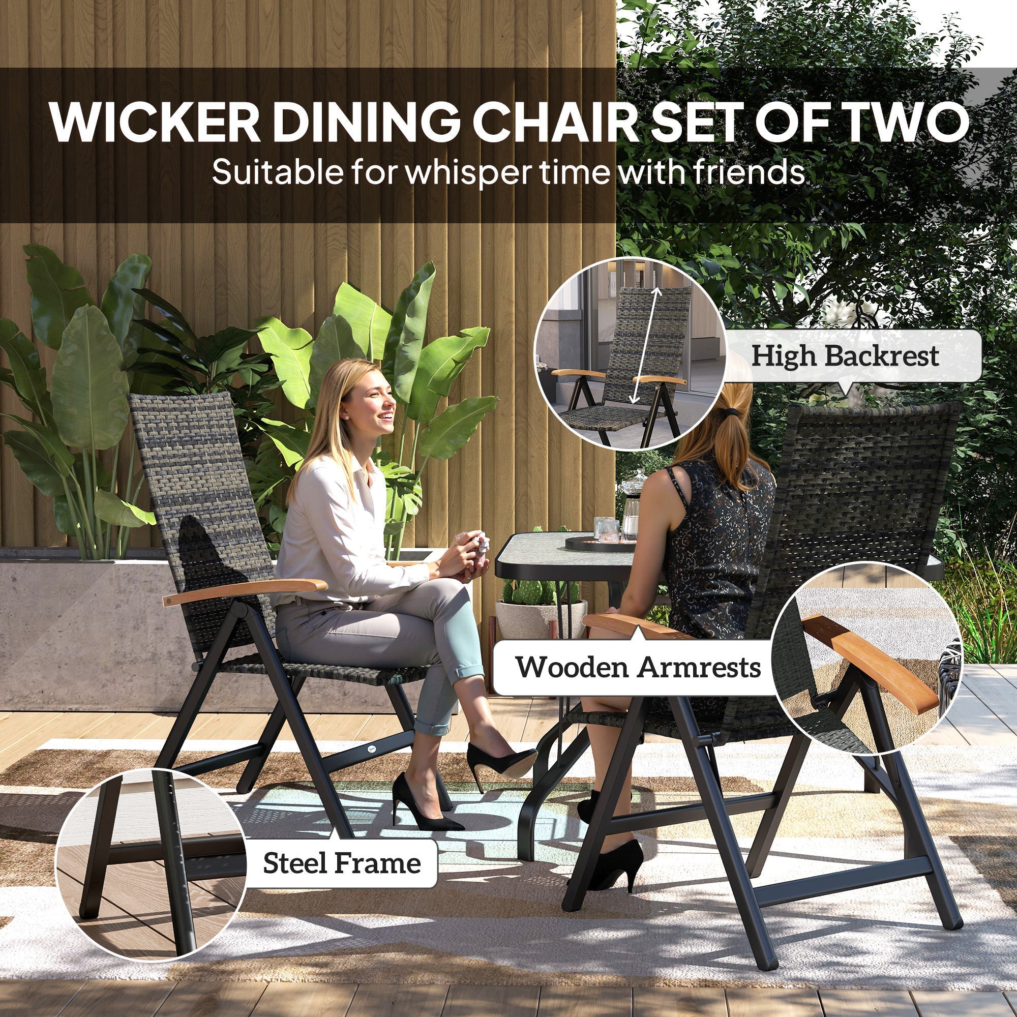 Outsunny 2 Pieces Outdoor Foldable Dining Chair with Armrests, High Backrest, for Garden, Camping, Balcony, Mixed-grey 