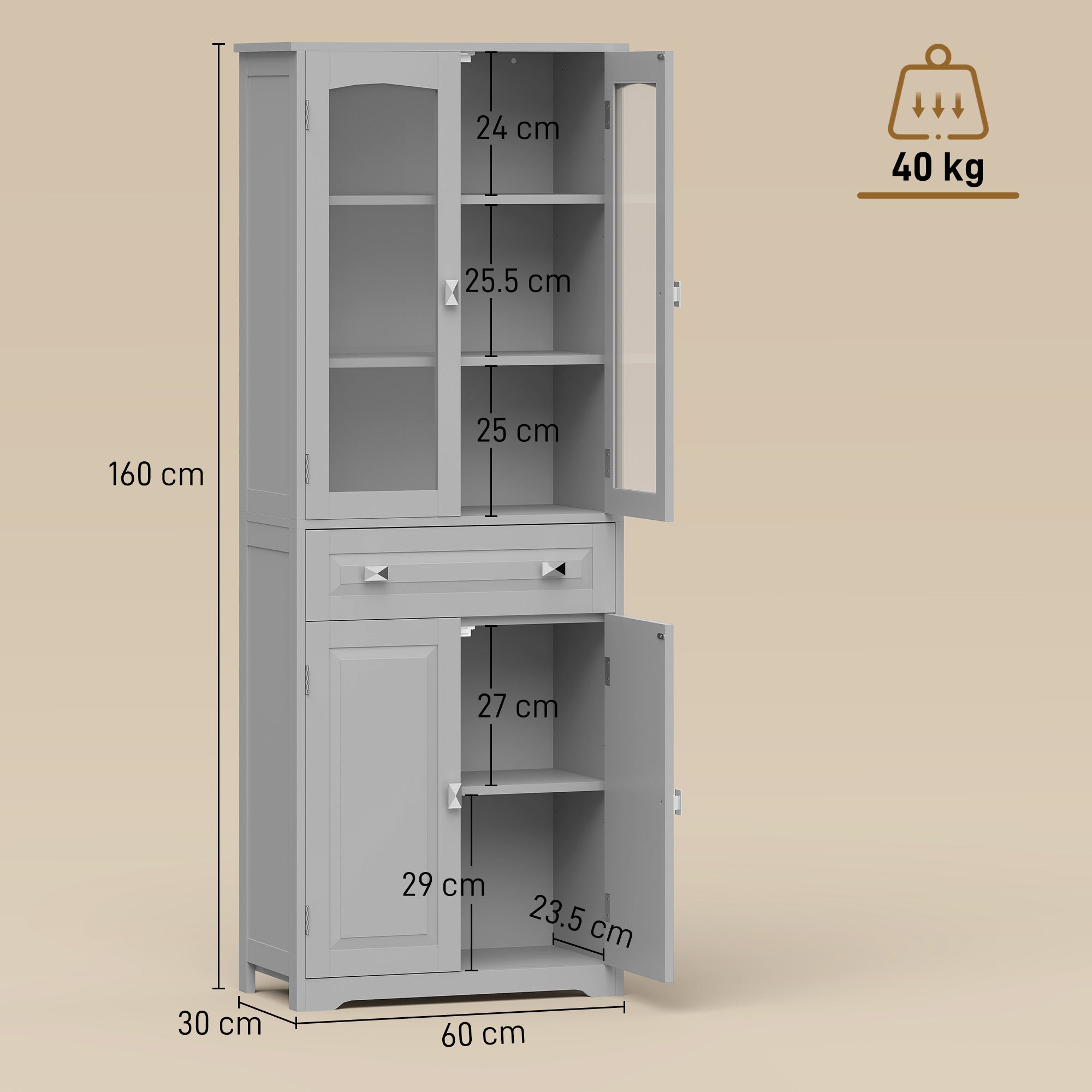 HOMCOM Freestanding Kitchen Cupboard, Storage Cabinet with 2 Adjustable Shelves, Drawer and Glass Door for Living Room, Grey 