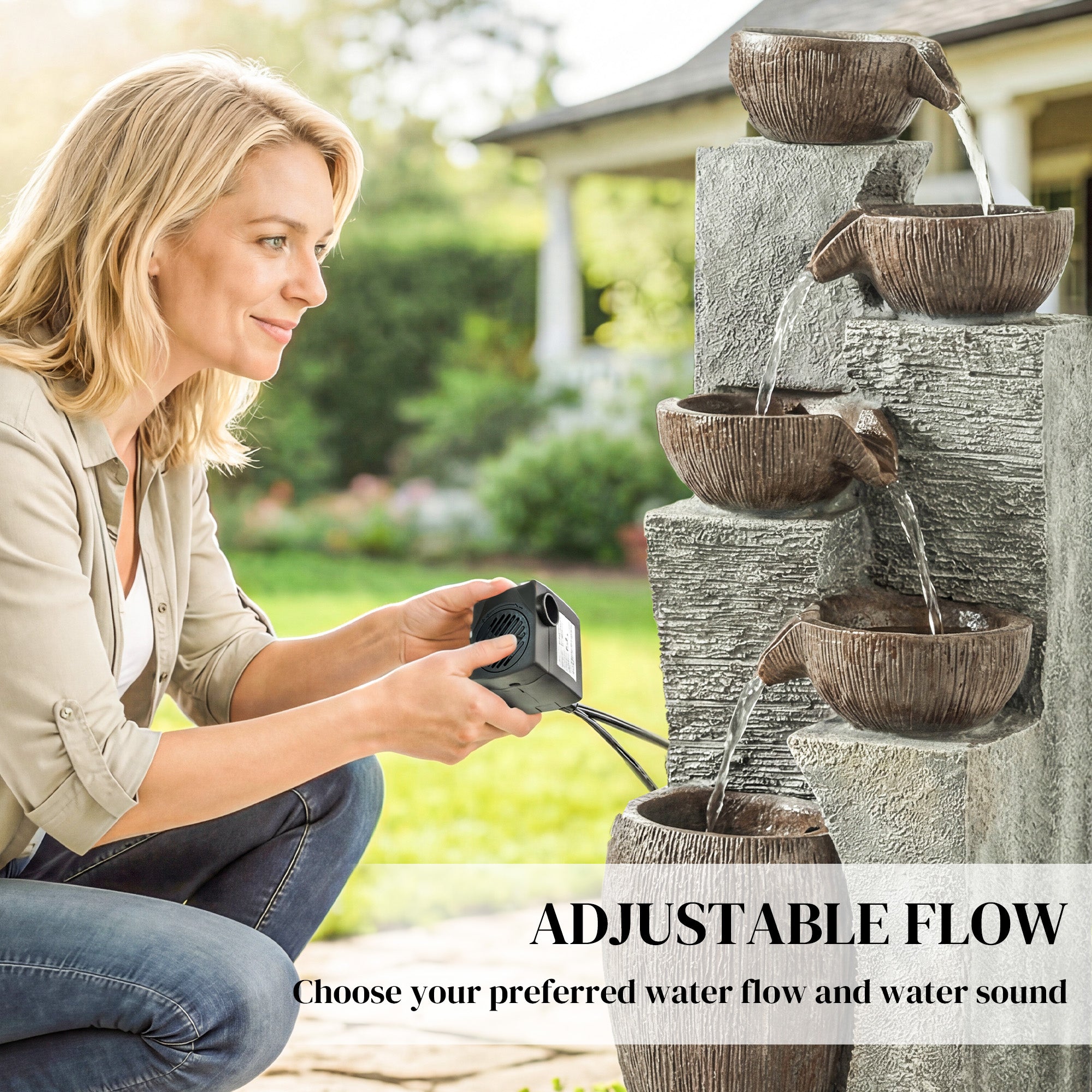 Outsunny Outdoor Fountain with 5-Tier, Garden Fountain with LED Lights, Adjustable Flow, Grey and Rustic Brown 