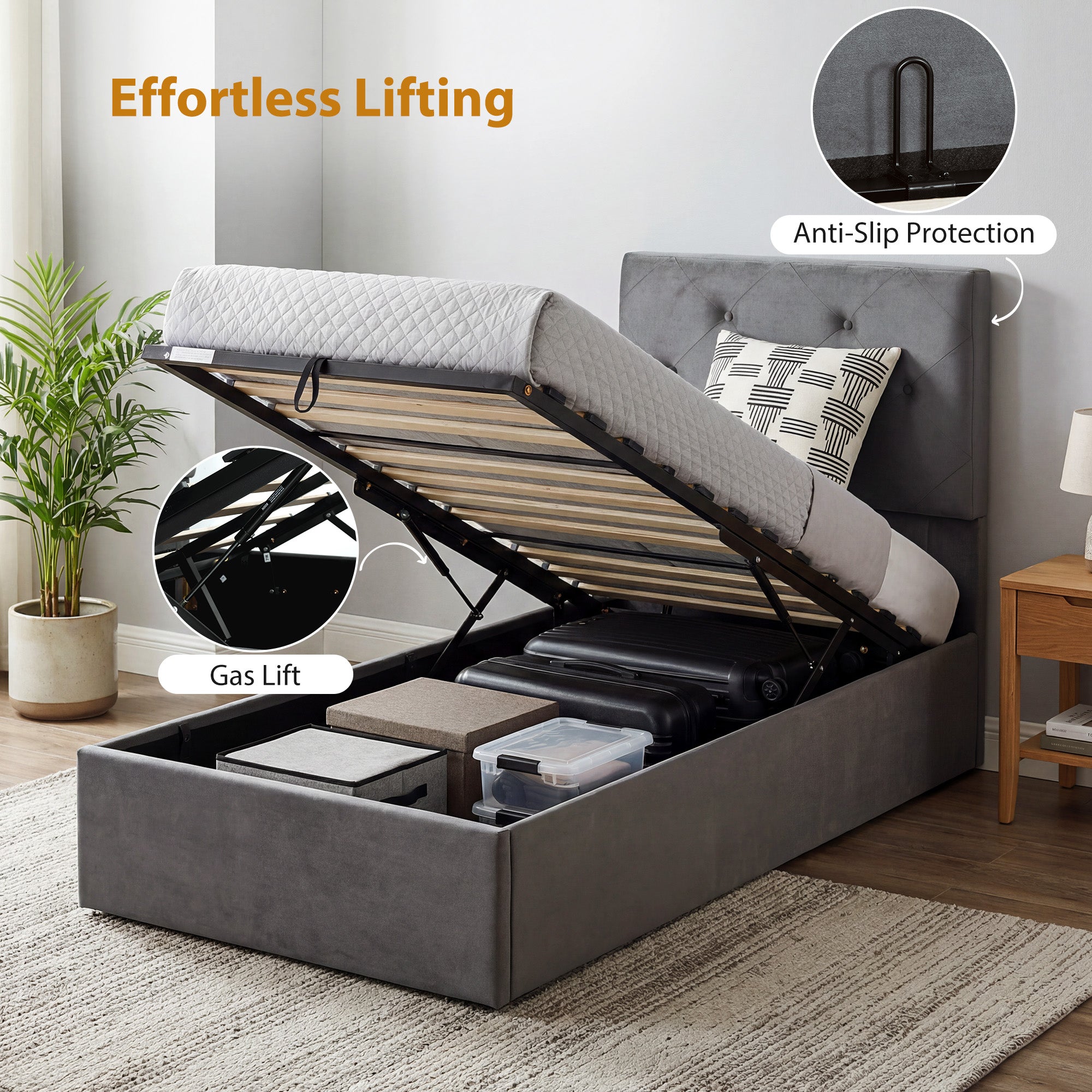 HOMCOM Single Bed Frame Gas Side Lift Under Bed Storage Upholstered Platform Bed Tufted Headboard for 90 x 190 cm Mattress 