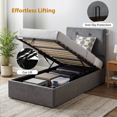 HOMCOM Single Bed Frame Gas Side Lift Under Bed Storage Upholstered Platform Bed Tufted Headboard for 90 x 190 cm Mattress 