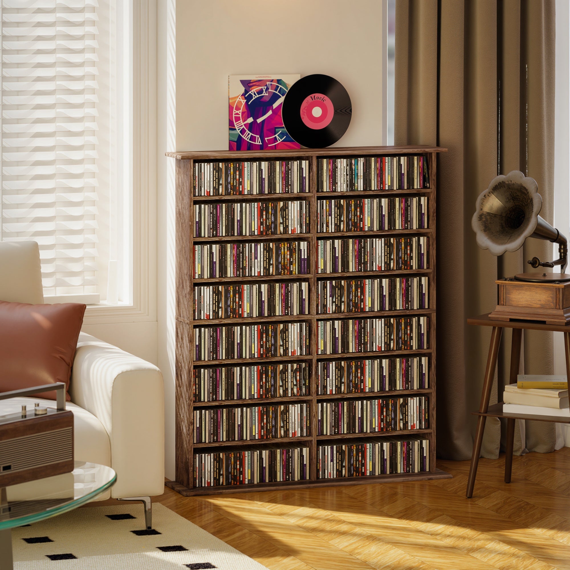 HOMCOM 16-Compartment Media Shelf - Rustic Brown 