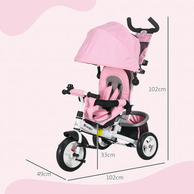 HOMCOM 6 in 1 Kids Trike with Parent Handle, Canopy, 5-point Safety Belt, Storage, Footrest, Brake, for 1-5 Years, Pink 