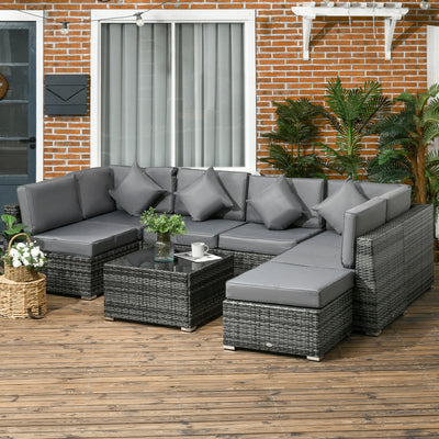 Outsunny 8 Pieces PE Rattan Corner Sofa Set, Outdoor Garden Furniture Set, Patio Wicker Sofa Seater w/ Cushion, Washable Cushion Cover & Tempered Glass Table, Grey 