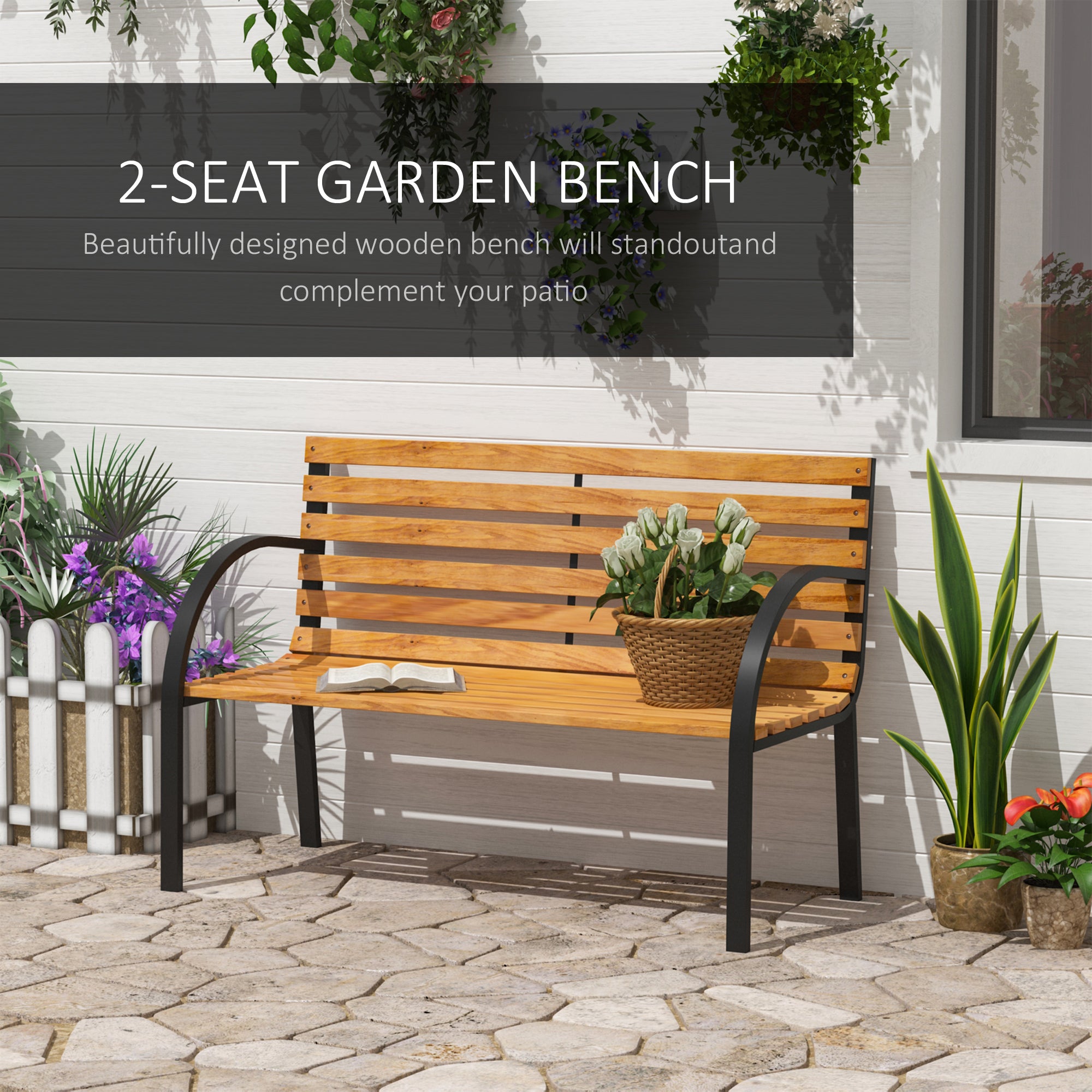 Outsunny Garden Bench, 122Lx60Wx80H cm-Steel/Wood 