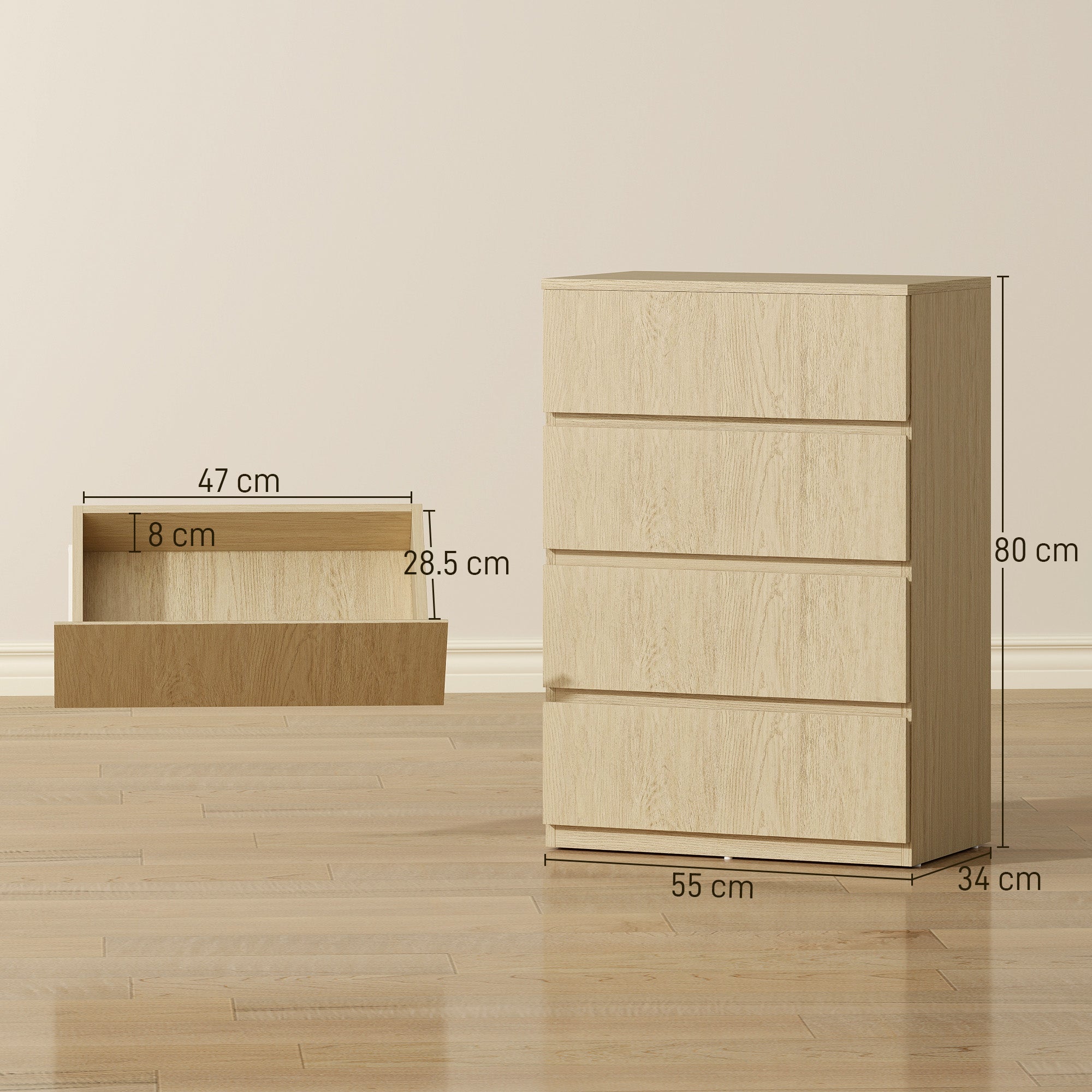 HOMCOM Chest of Drawers, 4-Drawer Storage Cabinets, Modern Dresser, Storage Drawer Unit for Bedroom 