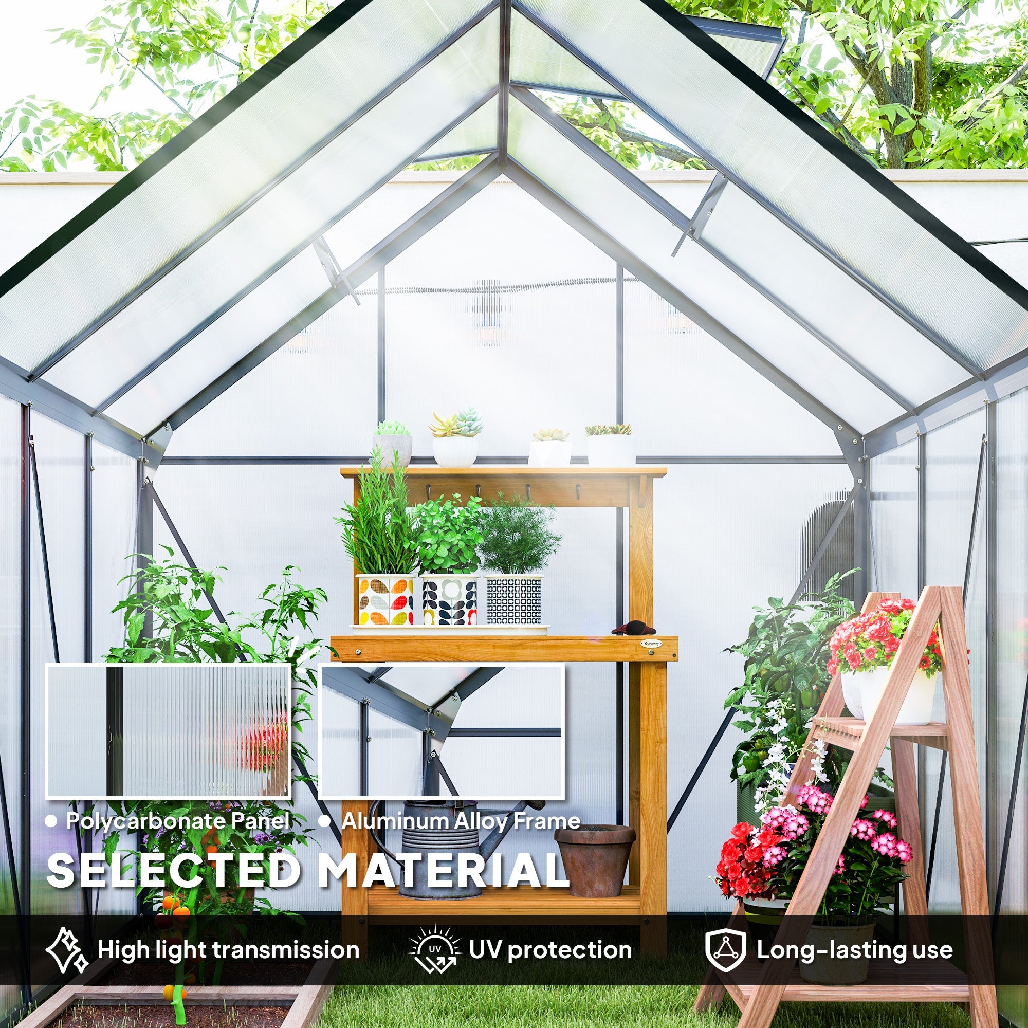 Outsunny 190 x 190cm Walk-In Polycarbonate Greenhouse - Grey 