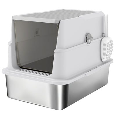 PawHut Extra Large Stainless Steel, Cat Litter Tray with Scoop, Flip Top 