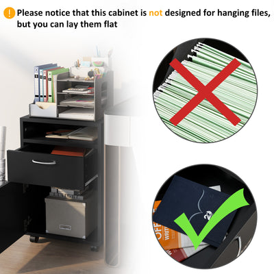 HOMCOM 60cm Filing Cabinet with Drawer, Open Shelf, Metal Handles and 4 Wheels, Office Home Organiser Mobile Printer, Black 