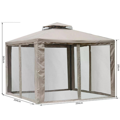 Outsunny Outdoor Gazebo, 2-tier Roof W/Netting, 295L x 295W x 263Hcm-Taupe 