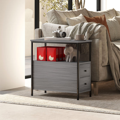 HOMCOM Side Table, Narrow Bedside Table with 2 Drawers and Storage Shelf, Industrial End Table with Metal Frame for Small Spaces, Grey Wood Grain 