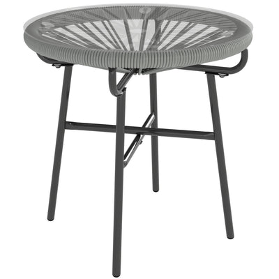 Outsunny Rattan Side Table, Round Outdoor Coffee Table, with Round PE Rattan and Tempered Glass Tabletop, Light Grey 