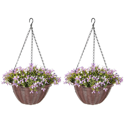HOMCOM Artificial Flowers in Basket Set of 2, Artificial Hanging Baskets with 75 Leaves and 15 Flowers in Pot, Decorative Plant for Home Office Decor, Purple 