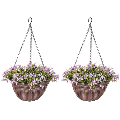 HOMCOM Artificial Flowers in Basket Set of 2, Artificial Hanging Baskets with 75 Leaves and 15 Flowers in Pot, Decorative Plant for Home Office Decor, Purple