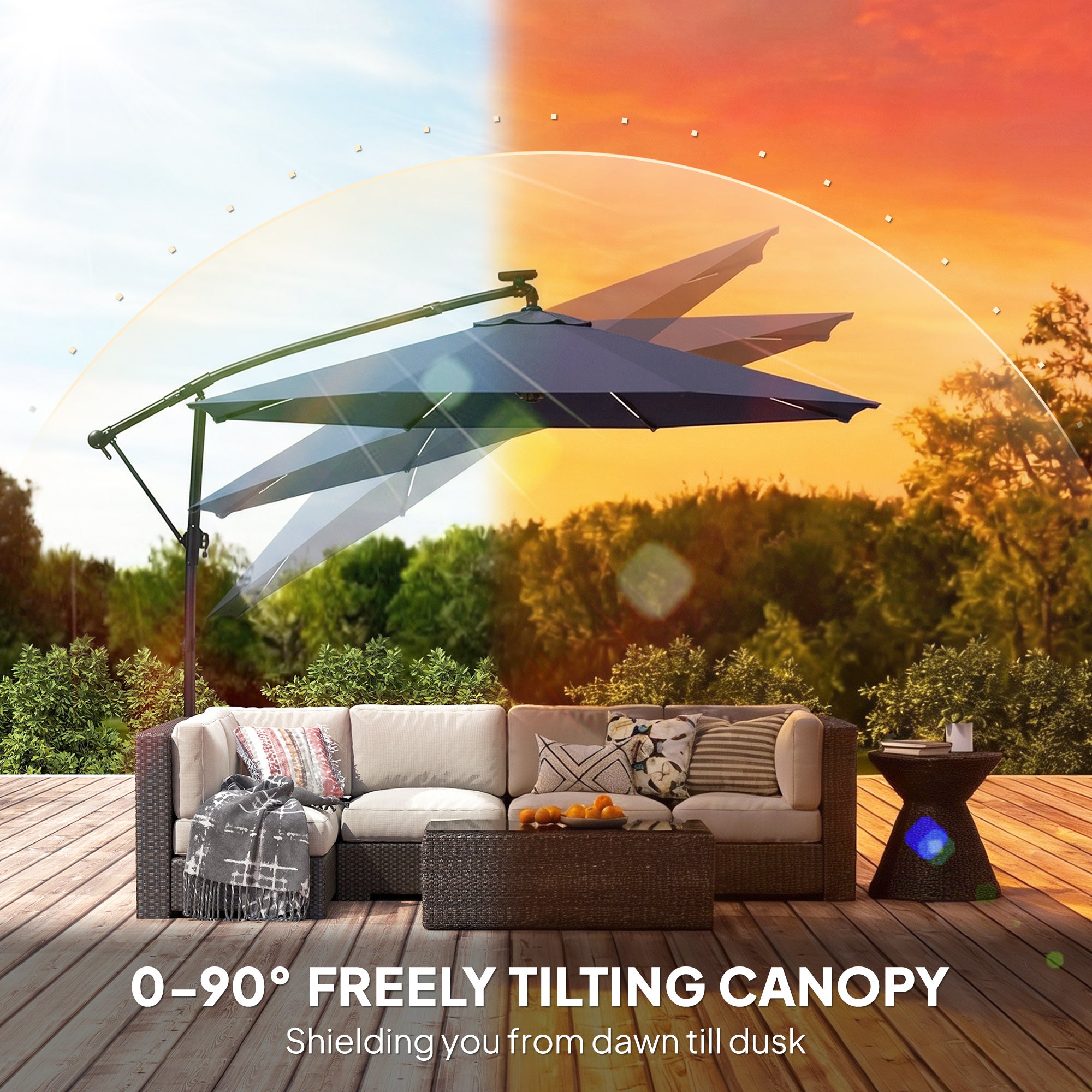 Outsunny 3 m Garden Cantilever Parasol with LED Solar Light, Round Overhanging Umbrella with 360° Rotation, Cover, Navy Blue 