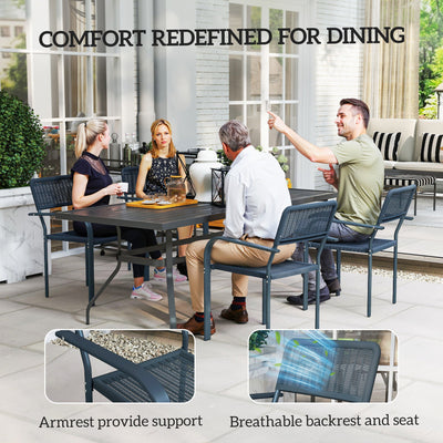 Outsunny Garden Chairs Set of 4, Stackable Rattan Effect Dining Chairs with Armrest, Weather Resistant and Lightweight Outdoor Furniture Armchairs for Patio, Balcony, Terrace, Dark Grey 
