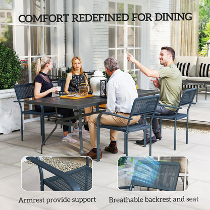 Outsunny Garden Chairs Set of 4, Stackable Rattan Effect Dining Chairs with Armrest, Weather Resistant and Lightweight Outdoor Furniture Armchairs for Patio, Balcony, Terrace, Dark Grey 