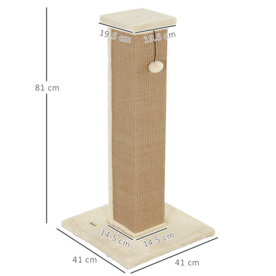 PawHut 81cm Cat Scratcher, Vertical Full Scratcher w/ Natural Jute Rope, Hanging Ball, Soft Plush - Beige 
