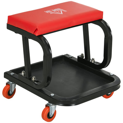 HOMCOM Workshop Stool, Rolling Mechanic Stool with 360 Degree Swivel, Padded Seat, Tool Tray, for Garage, Workshop, Auto Repair, Red 