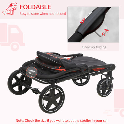 PawHut One-Click Foldable Pet Travel Stroller with Rain Cover, Cat Dog Pushchair with Universal Front Wheels, Shock Absorber, Storage Bags, Mesh Window, Safety Leash for Large and Medium Dogs (Red) 