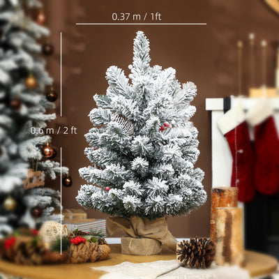 HOMCOM 60 cm Prelit Small Christmas Tree with 35 LED Lights, Snow Flocked Tabletop Mini Xmas Tree with 72 Dense Branches, Pine Cones, Berry Clusters and Linen Cover Base, Battery Operated, Green 